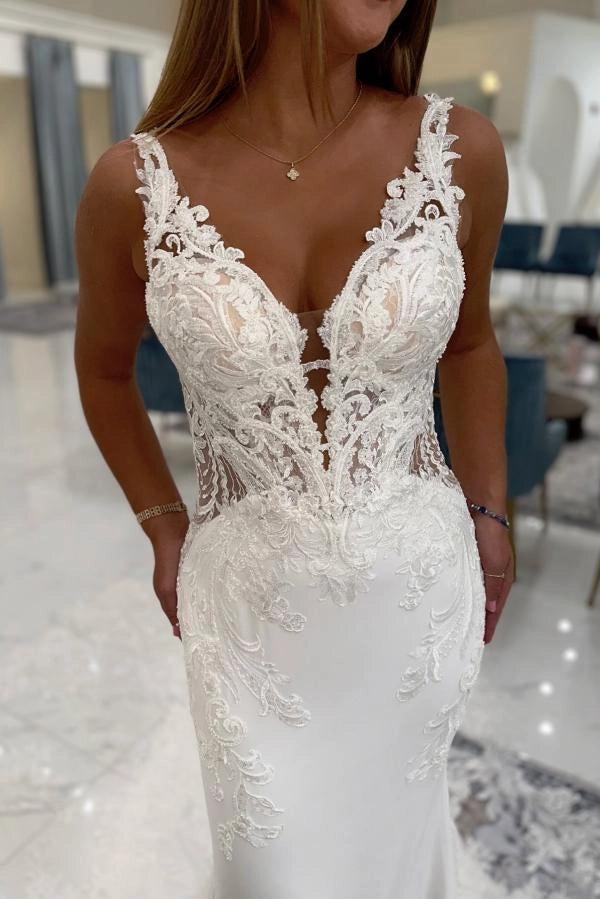 Ivory Mermaid Wedding Dress Deep V Neck Wide Lace Straps Illusion Baroque Lace Bodice Crepe Skirt Cathedral Lace Train Bridal Gown