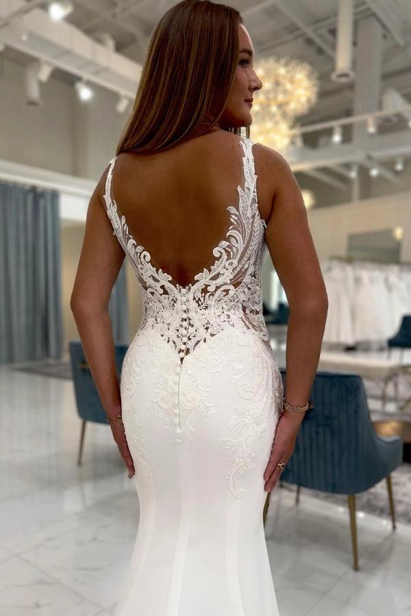Ivory Mermaid Wedding Dress Deep V Neck Wide Lace Straps Illusion Baroque Lace Bodice Crepe Skirt Cathedral Lace Train Bridal Gown