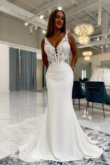 Ivory Mermaid Wedding Dress Deep V Neck Wide Lace Straps Illusion Baroque Lace Bodice Crepe Skirt Cathedral Lace Train Bridal Gown