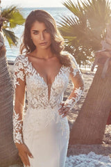 Ivory Mermaid Wedding Dress Long Sleeve Deep V-Neck Floral Lace Appliques Open Back Cathedral Train