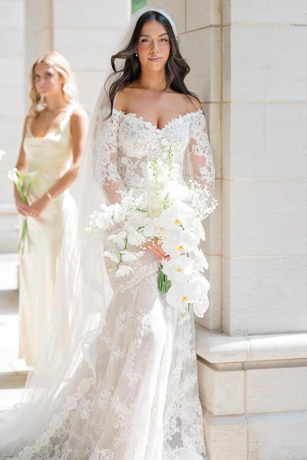 Ivory Mermaid Wedding Dress Off Shoulder Sweetheart Long Lace Sleeves Floral Applique Chapel Train | Misshow misshow.com Ivory Mermaid Wedding Dress Off Shoulder Sweetheart Long Lace Sleeves Floral Applique Chapel Train | Misshow misshow.com