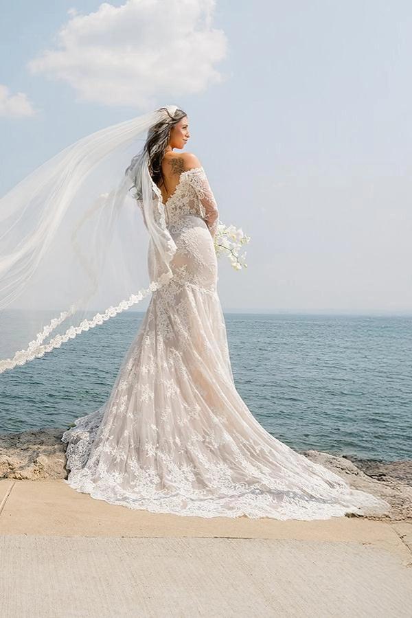 Ivory Mermaid Wedding Dress Off Shoulder Sweetheart Long Lace Sleeves Floral Applique Chapel Train | Misshow misshow.com Ivory Mermaid Wedding Dress Off Shoulder Sweetheart Long Lace Sleeves Floral Applique Chapel Train | Misshow misshow.com
