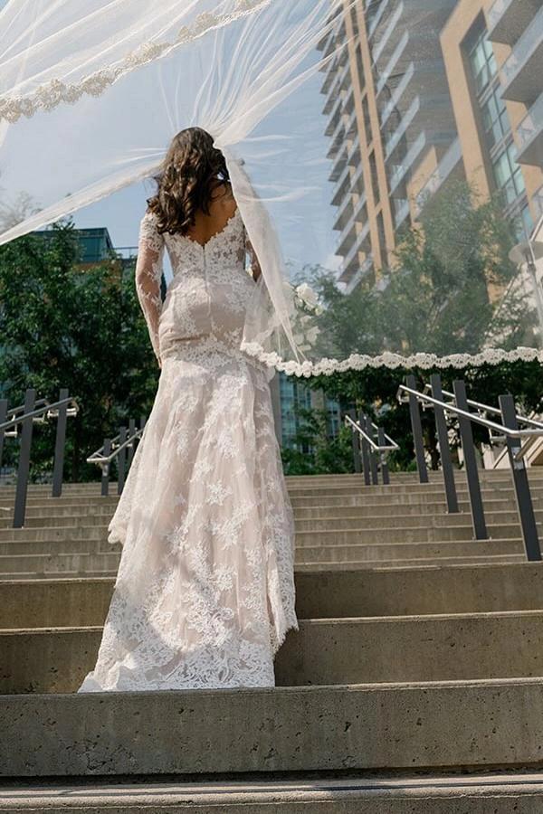 Ivory Mermaid Wedding Dress Off Shoulder Sweetheart Long Sheer Lace Sleeves Floral Lace Applique Romantic Bridal Gown with Chapel Train Ivory Mermaid Wedding Dress Off Shoulder Sweetheart Long Sheer Lace Sleeves Floral Lace Applique Romantic Bridal Gown with Chapel Train