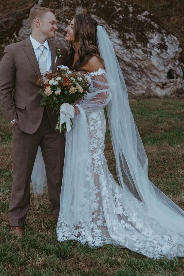 sheer floral lace wedding dress with long sleeves Ivory Mermaid Wedding Dress Sweetheart Deep V 3D Floral Lace Detachable  Puff Sleeves Bow Tie