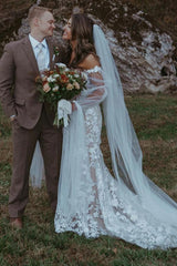 Ivory Mermaid Wedding Dress Sweetheart Deep V 3D Floral Lace Applique with Detachable Sheer Tulle Puff Long Sleeves Bow Tie Romantic Bridal Gown