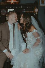 Ivory Mermaid Wedding Dress Sweetheart Deep V 3D Floral Lace Applique with Detachable Sheer Tulle Puff Long Sleeves Bow Tie Romantic Bridal Gown
