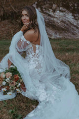 Ivory Mermaid Wedding Dress Sweetheart Deep V 3D Floral Lace Applique with Detachable Sheer Tulle Puff Long Sleeves Bow Tie Romantic Bridal Gown