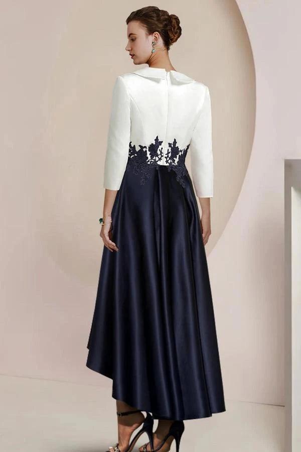 Ivory Navy Two Tone Satin Mother of the Bride Dress V-Neck 3/4 Sleeve Lace Applique High Low A-Line Formal Gown