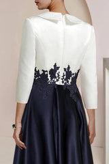 Ivory Navy Two Tone Satin Mother of the Bride Dress V-Neck 3/4 Sleeve Lace Applique High Low A-Line Formal Gown