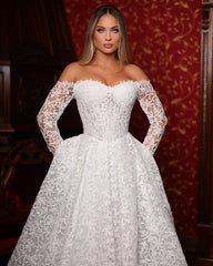 Ivory Off-the-Shoulder Long Sleeve Ball Gown Wedding Dress Full Lace Applique Cathedral Train Bridal Gown