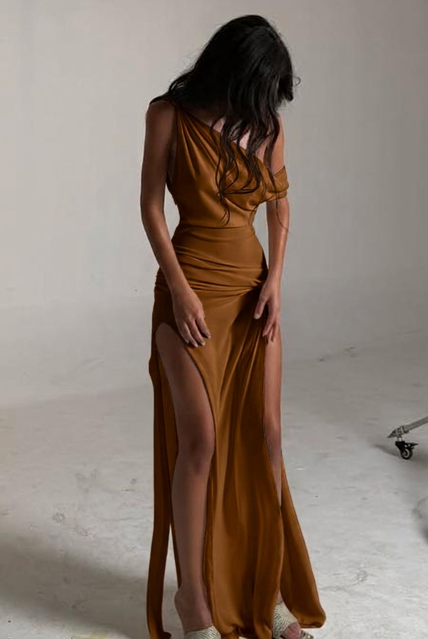 Chocolate one shoulder ruched bodycon evening dress