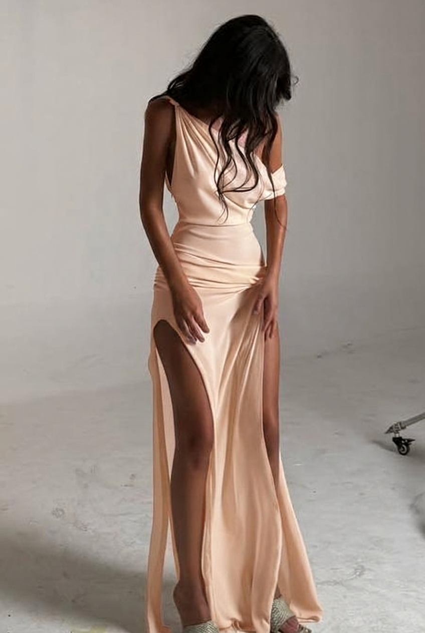 Pearl pink one shoulder ruched bodycon evening dress