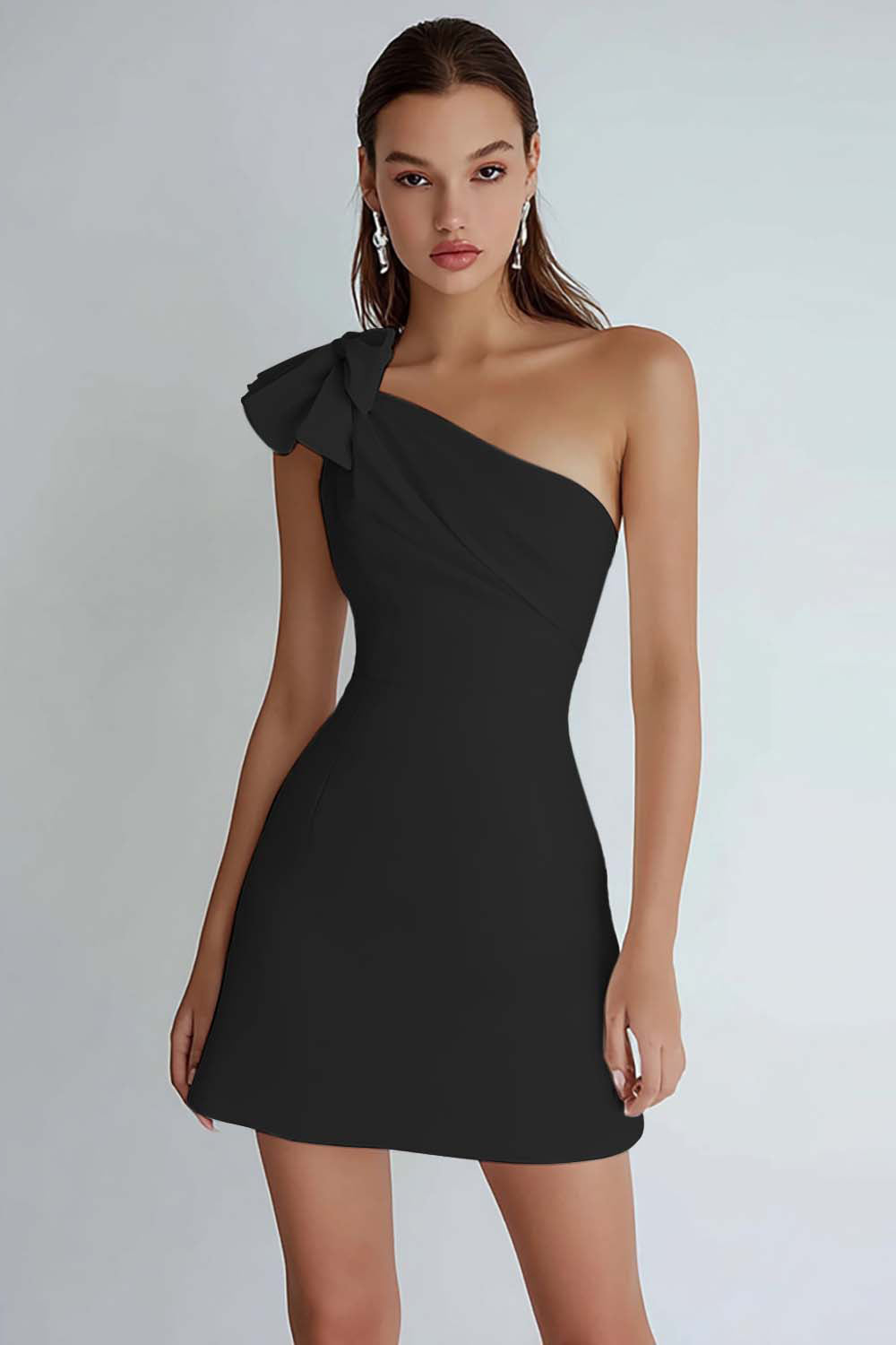 Ivory Satin A Line One Shoulder Short Homecoming Dress with Bow