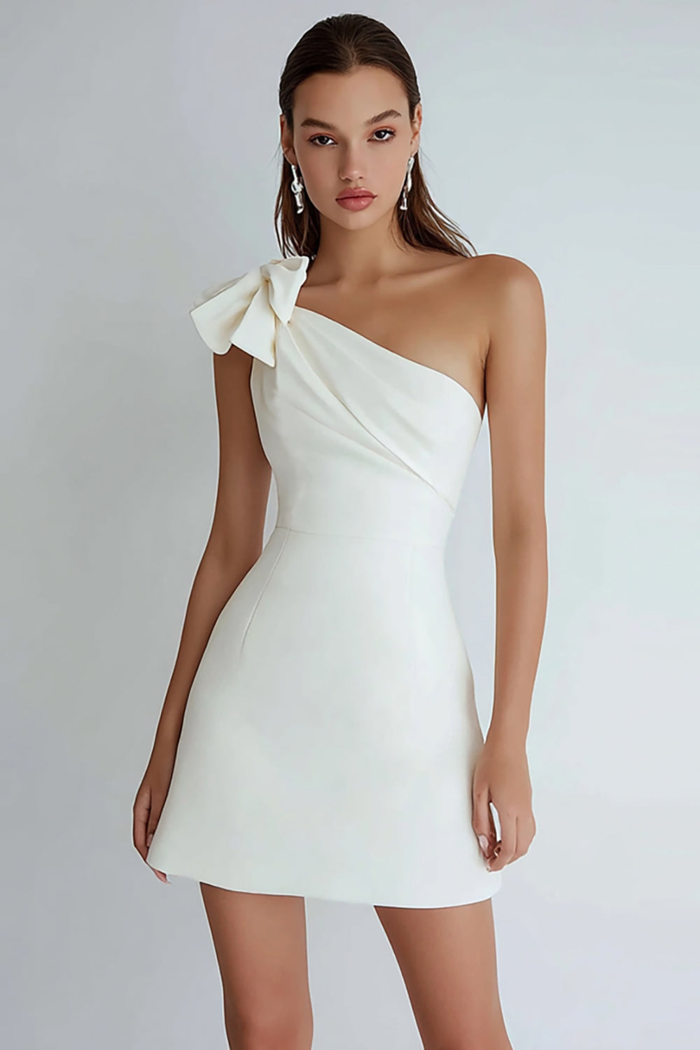 Ivory Satin A Line One Shoulder Short Homecoming Dress with Bow