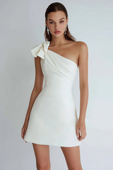 Ivory Satin A Line One Shoulder Short Homecoming Dress with Bow