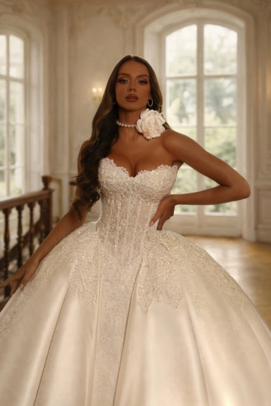 Ivory Satin Ball Gown Wedding Dress Strapless Scalloped Sweetheart Illusion Lace Corset Crystal Beading Princess Bridal Gown with Cathedral Train