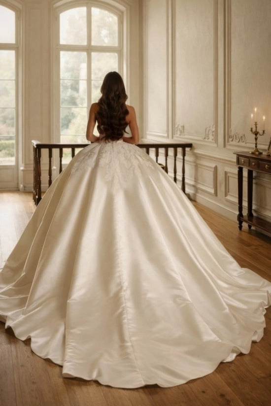 Ivory Satin Ball Gown Wedding Dress Strapless Scalloped Sweetheart Illusion Lace Corset Crystal Beading Princess Bridal Gown with Cathedral Train