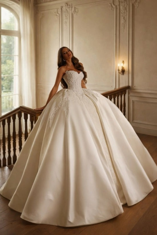 Ivory Satin Ball Gown Wedding Dress Strapless Scalloped Sweetheart Illusion Lace Corset Crystal Beading Princess Bridal Gown with Cathedral Train