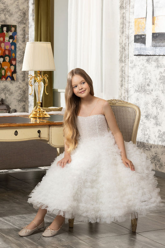 Ivory Sequin Flower Girl Dress Illusion Neckline Sleeveless Ruffles Tiered Tulle Skirt Flower Girl Dress