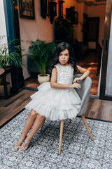 Ivory Sequin Flower Girl Dress Jewel Neck Sleeveless Ruffles Tiered Tulle Skirt Flower Girl Dress