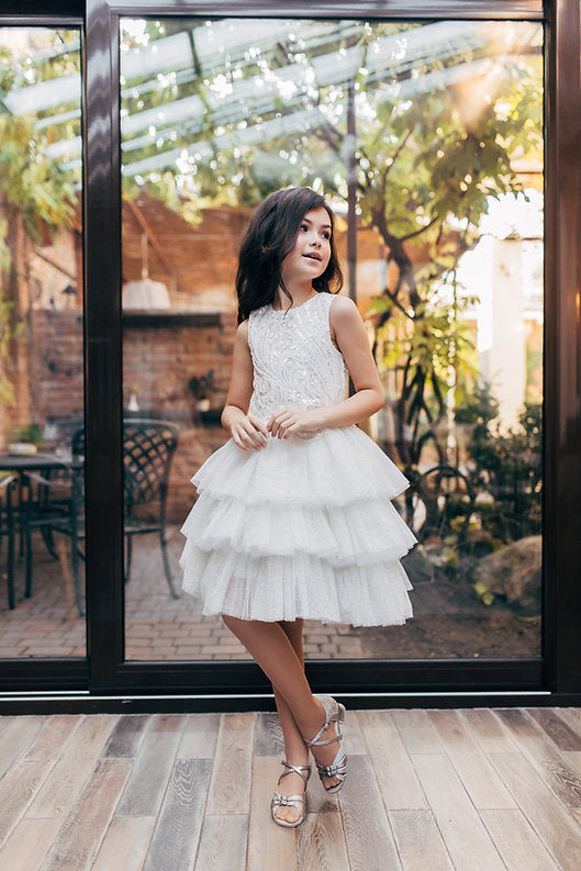 Ivory Sequin Flower Girl Dress Jewel Neck Sleeveless Ruffles Tiered Tulle Skirt Flower Girl Dress