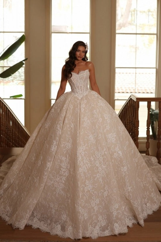 Ivory Sequin Lace Ball Gown Wedding Dress Strapless Sweetheart Crystal Beading Illusion Corset Princess Bridal Gown with Cathedral Train
