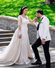 Ivory Sequin Lace Mermaid Wedding Dress V-Neck Sheer Long Sleeves Branch Embroidery Beading Detachable Overskirt Cathedral Train Bridal Gown
