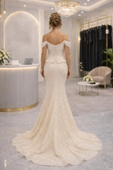 Ivory Sequin Mermaid Wedding Dress Cold Shoulder Spaghetti Straps Deep V-Neck Pearl Beading Peplum Bridal Gown with Train