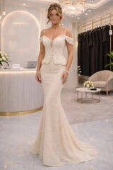 Ivory Sequin Mermaid Wedding Dress Cold Shoulder Spaghetti Straps Deep V-Neck Pearl Beading Peplum Bridal Gown with Train