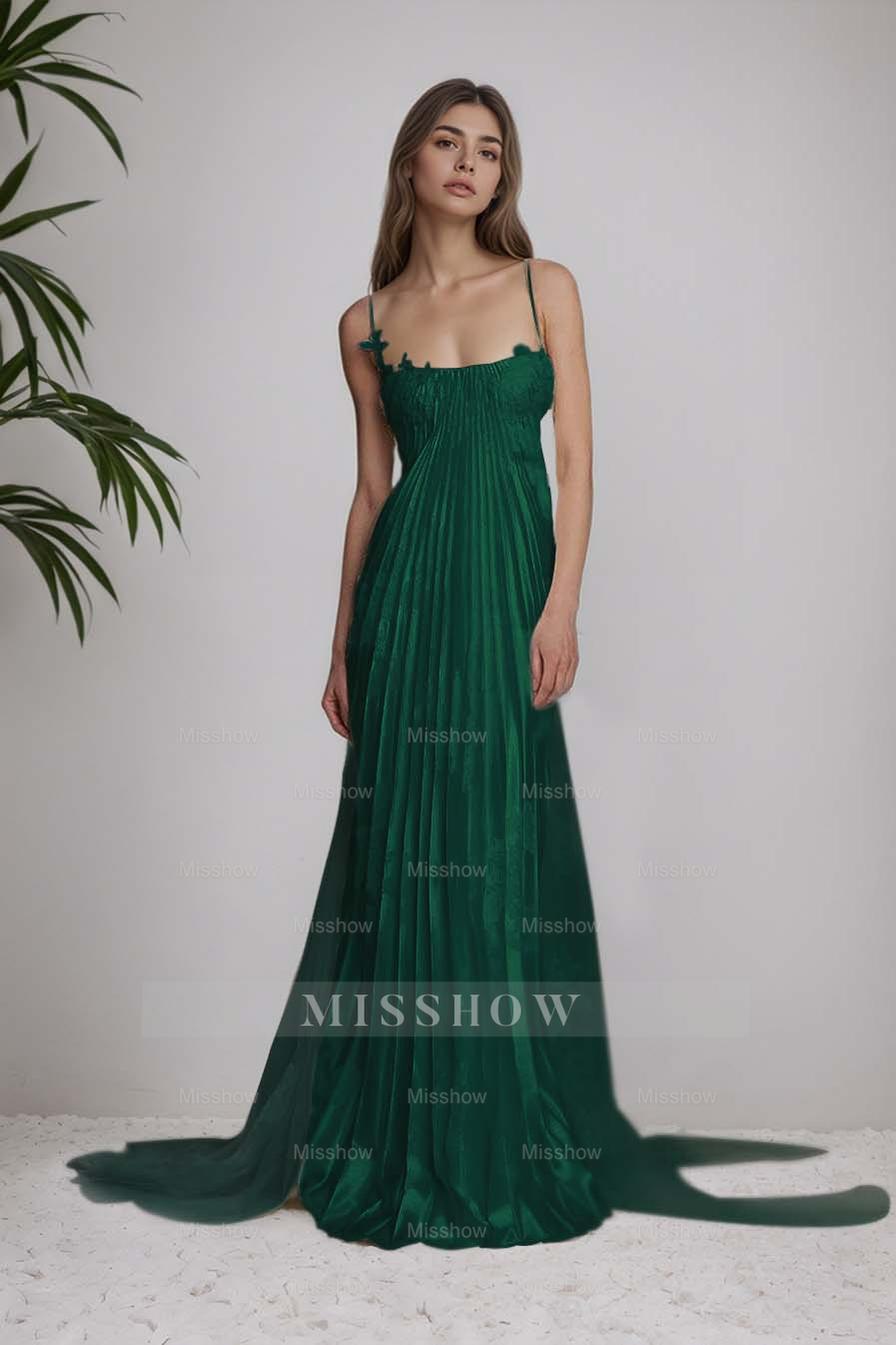 Ivory Spaghetti Straps Sleeveless A-Line Satin Pleated Lace Appliques Formal Evening Gown