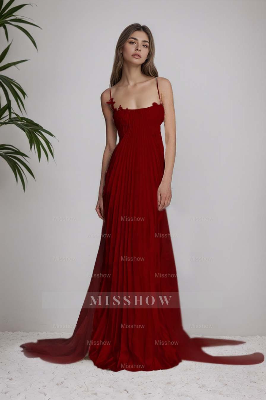 Ivory Spaghetti Straps Sleeveless A-Line Satin Pleated Lace Appliques Formal Evening Gown