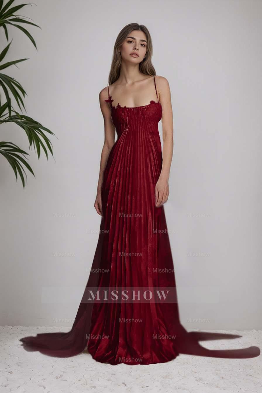 Ivory Spaghetti Straps Sleeveless A-Line Satin Pleated Lace Appliques Formal Evening Gown