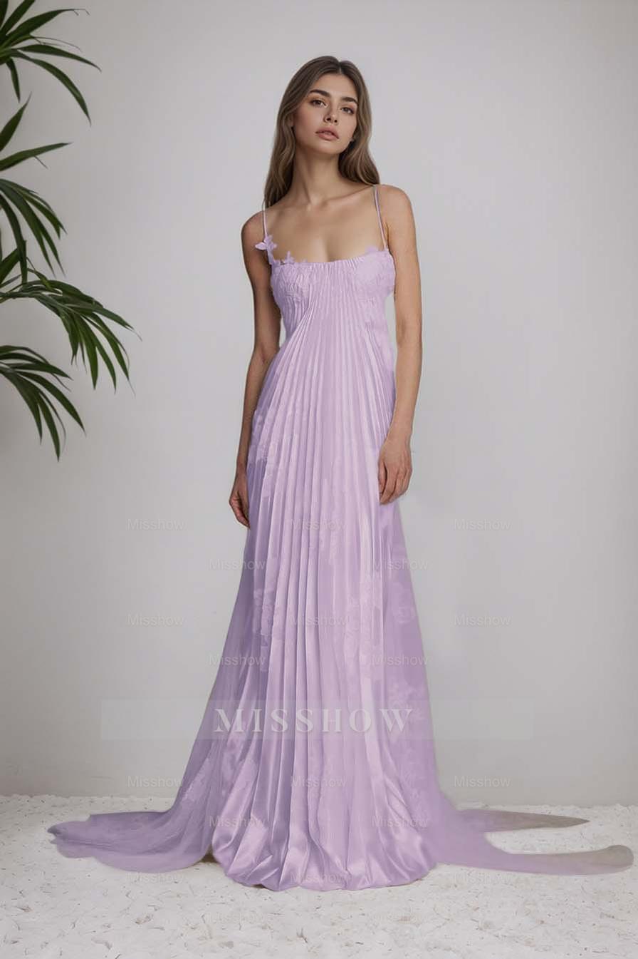 Ivory Spaghetti Straps Sleeveless A-Line Satin Pleated Lace Appliques Formal Evening Gown