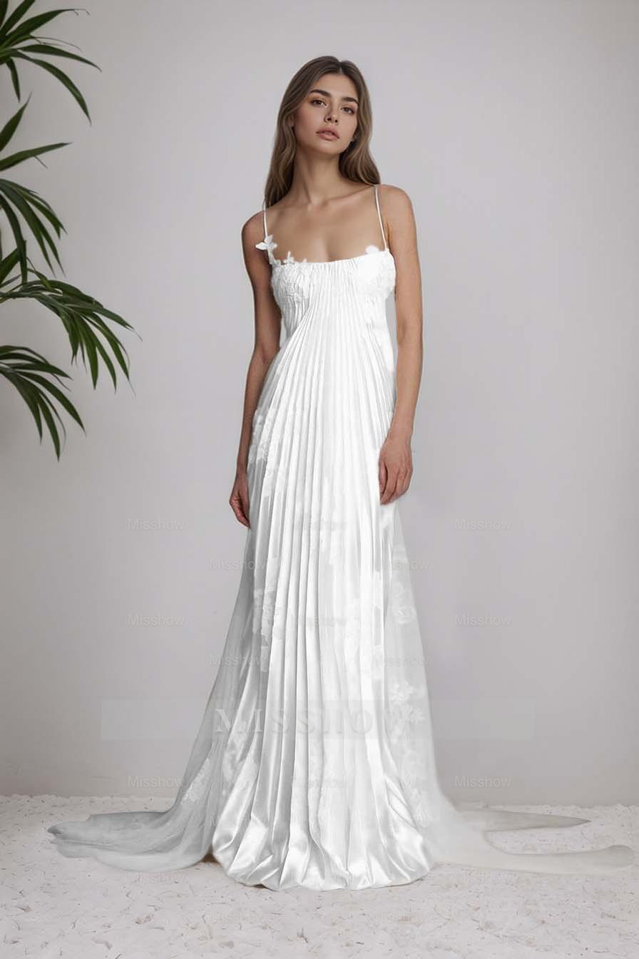 Ivory Spaghetti Straps Sleeveless A-Line Satin Pleated Lace Appliques Formal Evening Gown