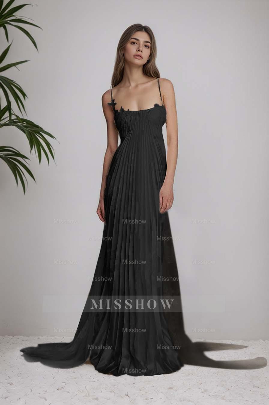 Ivory Spaghetti Straps Sleeveless A-Line Satin Pleated Lace Appliques Formal Evening Gown