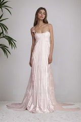 Ivory Spaghetti Straps Sleeveless A-Line Satin Pleated Lace Appliques Formal Evening Gown