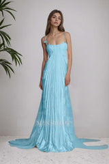 Ivory Spaghetti Straps Sleeveless A-Line Satin Pleated Lace Appliques Formal Evening Gown