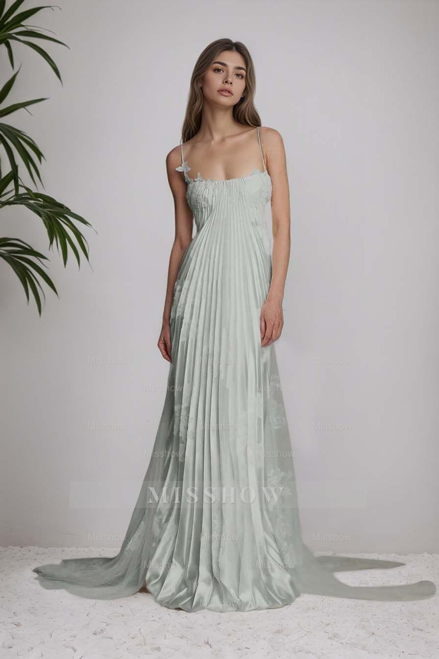 Ivory Spaghetti Straps Sleeveless A-Line Satin Pleated Lace Appliques Formal Evening Gown