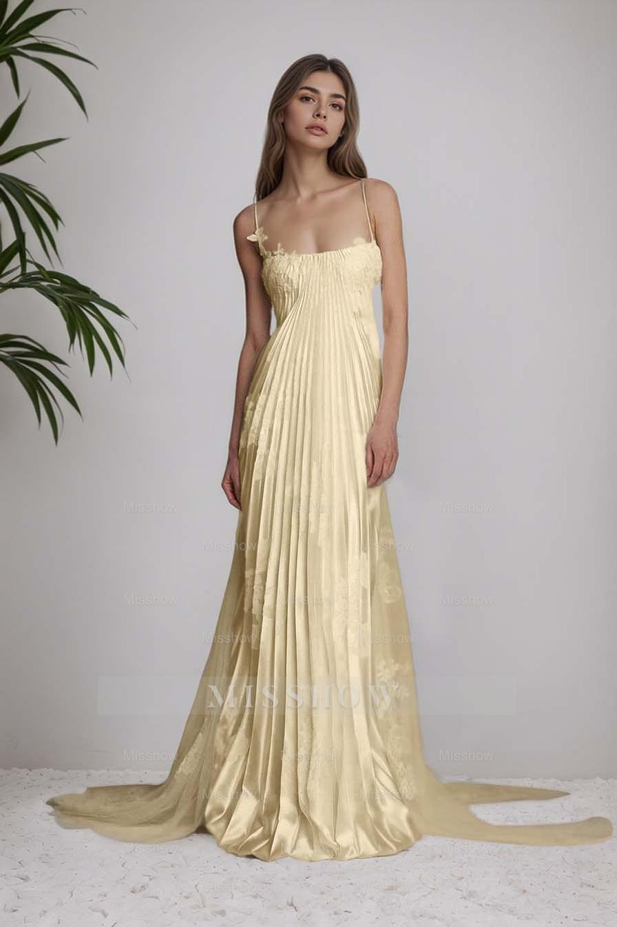 Ivory Spaghetti Straps Sleeveless A-Line Satin Pleated Lace Appliques Formal Evening Gown