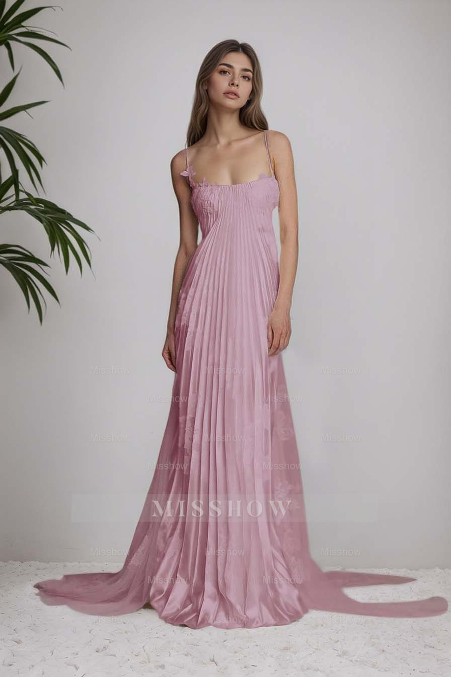Ivory Spaghetti Straps Sleeveless A-Line Satin Pleated Lace Appliques Formal Evening Gown