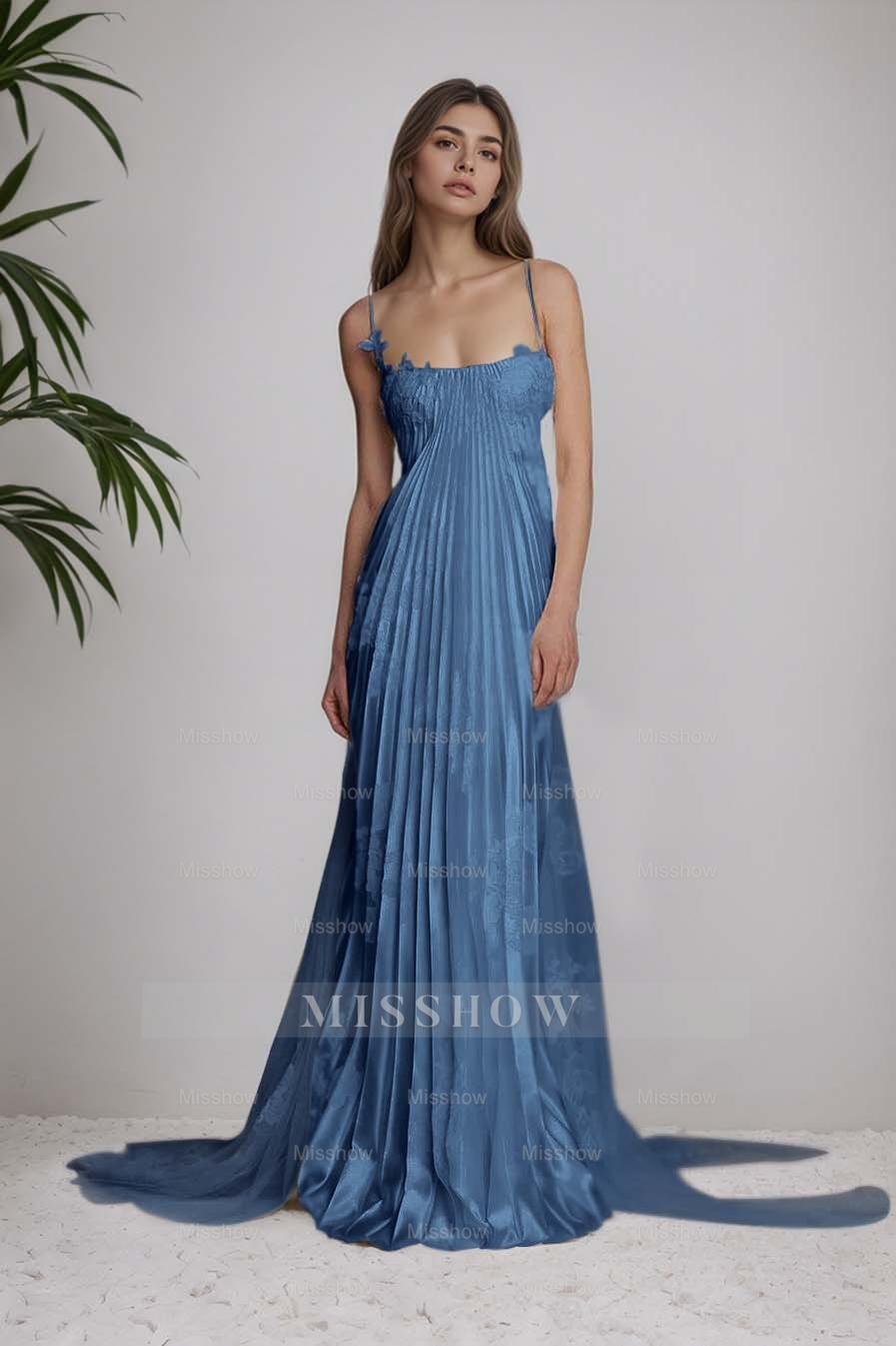 Ivory Spaghetti Straps Sleeveless A-Line Satin Pleated Lace Appliques Formal Evening Gown