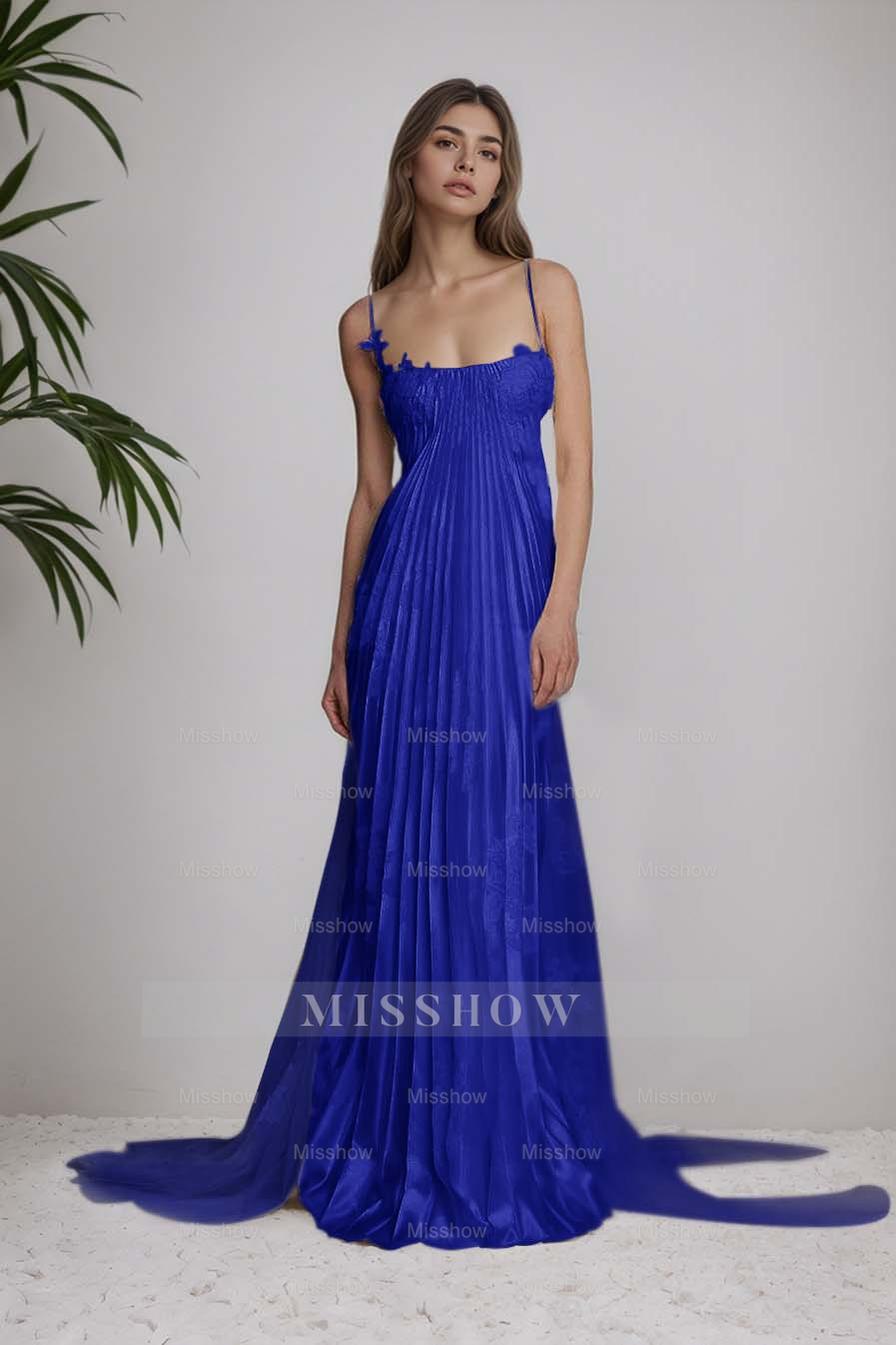 Ivory Spaghetti Straps Sleeveless A-Line Satin Pleated Lace Appliques Formal Evening Gown