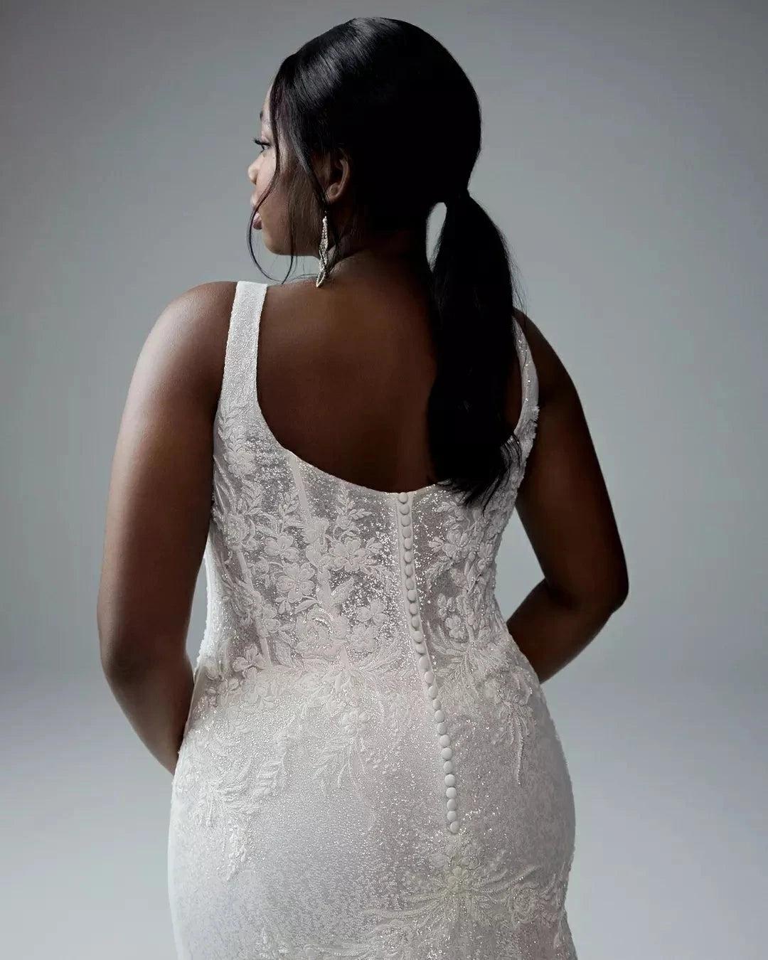 Ivory Sparkle Lace Applique Mermaid Wedding Dress Square Neck Sleeveless Button Back Cathedral Train Plus Size Bridal Gown