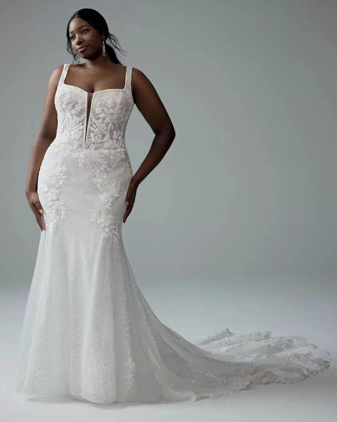 Ivory Sparkle Lace Applique Mermaid Wedding Dress Square Neck Sleeveless Button Back Cathedral Train Plus Size Bridal Gown