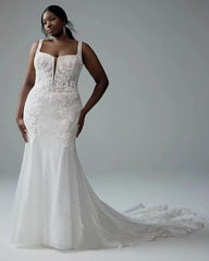 Ivory Sparkle Lace Applique Mermaid Wedding Dress Square Neck Sleeveless Button Back Cathedral Train Plus Size Bridal Gown