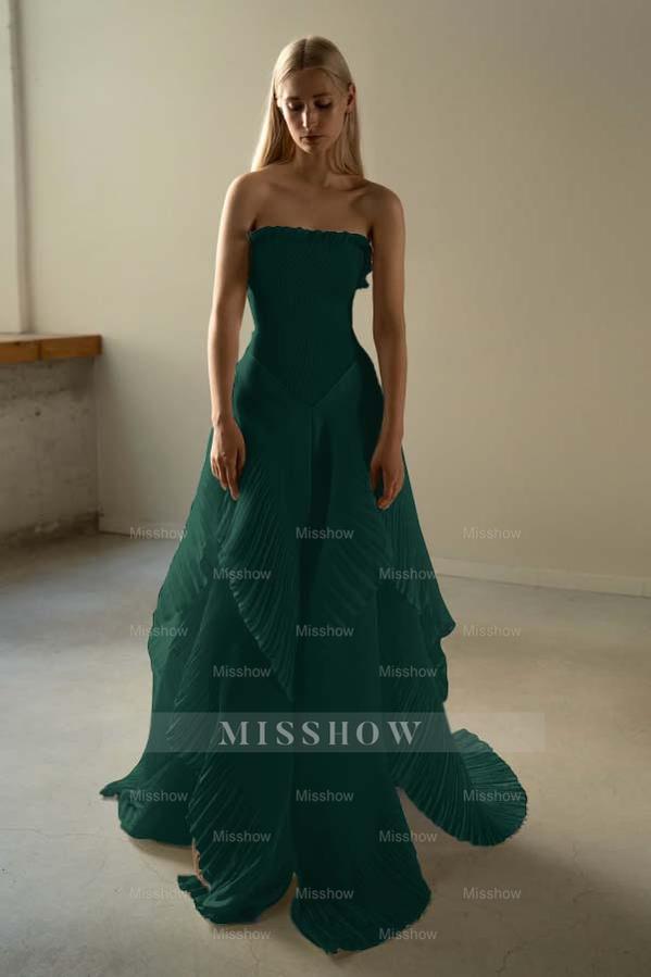 Ivory Strapless Pleated Ruffled Corset Bodice A-Line Floor Length Formal Evening Gown
