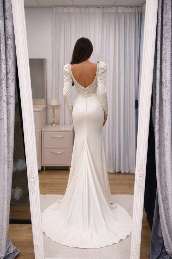 Ivory Sweetheart Long Sleeve Beaded Mermaid Satin Slit Floor Length Formal Evening Gown