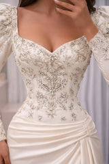 Ivory Sweetheart Long Sleeve Beaded Mermaid Satin Slit Floor Length Formal Evening Gown