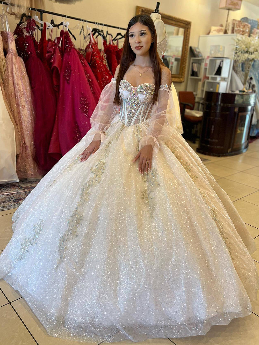 Ivory Sweetheart Off-Shoulder Long Sleeve Beaded Floral Ball Gown Quinceanera Dress