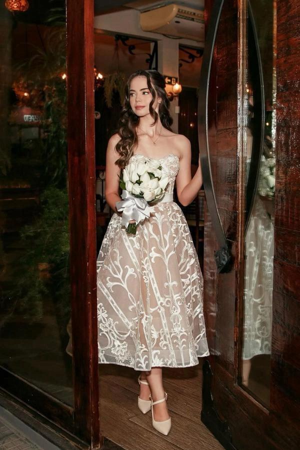Ivory Tea Length Wedding Dress Strapless Sweetheart Sheer Illusion Boned  Corset All-Over Ivory Baroque Scroll Vine Lace Embroidery Lace-Up Back White  Satin Bow Waist Sash A-Line